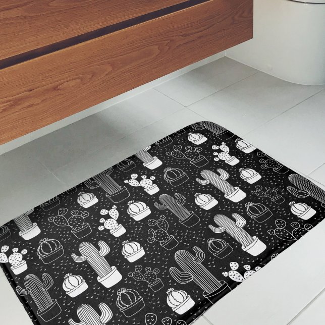 Schwarz-Weiß-Kaktus Doodle-Muster Badematte (Cactus Bath Mat)