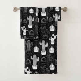 Schwarz-Weiß-Kaktus Doodle-Muster Badhandtuch Set