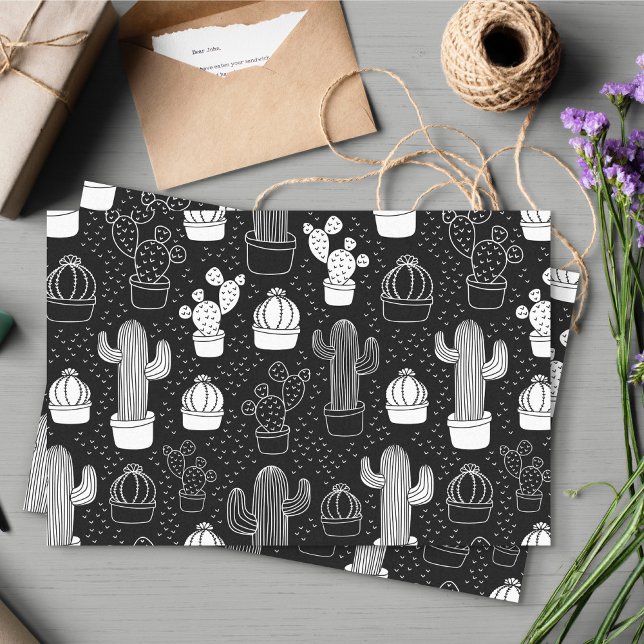 Schwarz-Weiß-Kaktus Doodle-Muster Seidenpapier (Black and White Doodle Cactus Pattern Tissue Paper)