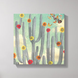 Schwarz-weiß-Kaktus mit Blumen Collage-Kunst Leinwanddruck
