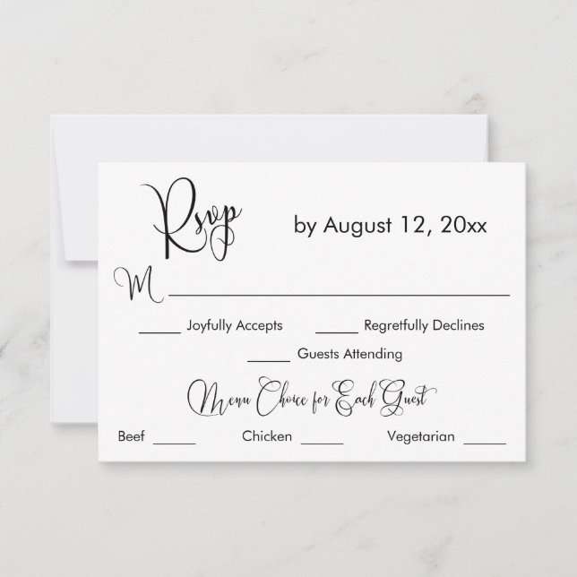 Schwarz-Weiß-Kalligrafie Drei-Menüs UAWG RSVP Karte (Vorderseite)