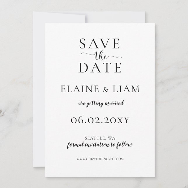 Schwarz-Weiß-Kalligrafie-Hochzeit Save The Date (Vorderseite)