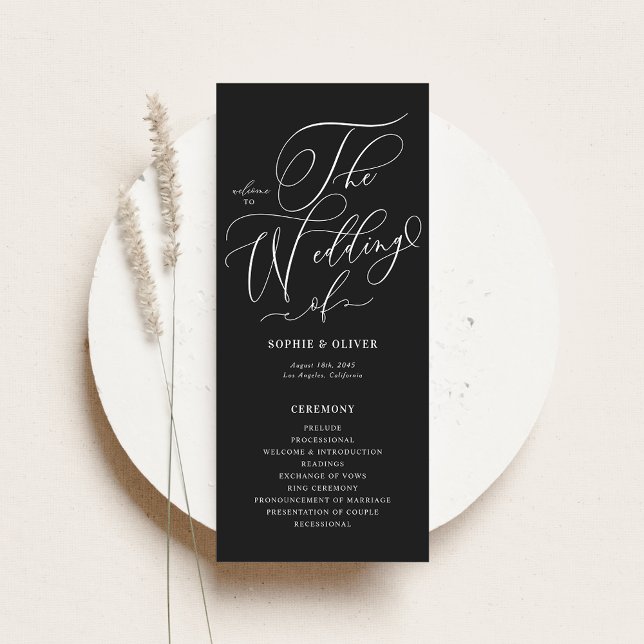 Schwarz-Weiß-Kalligrafie Programm (Customizable black and white wedding programs featuring whimsical calligraphy)