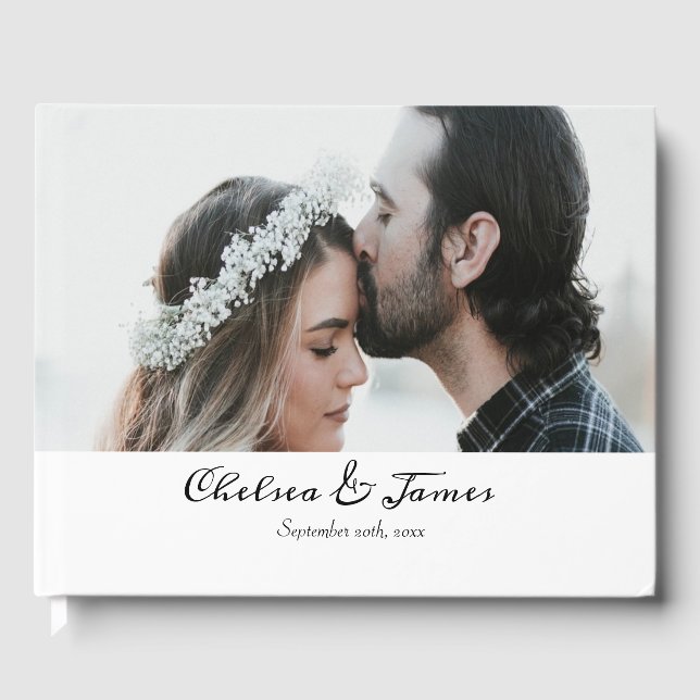 Schwarz-Weiß-Kalligrafie-Script-Foto Hochzeit Gästebuch (Vorderseite)