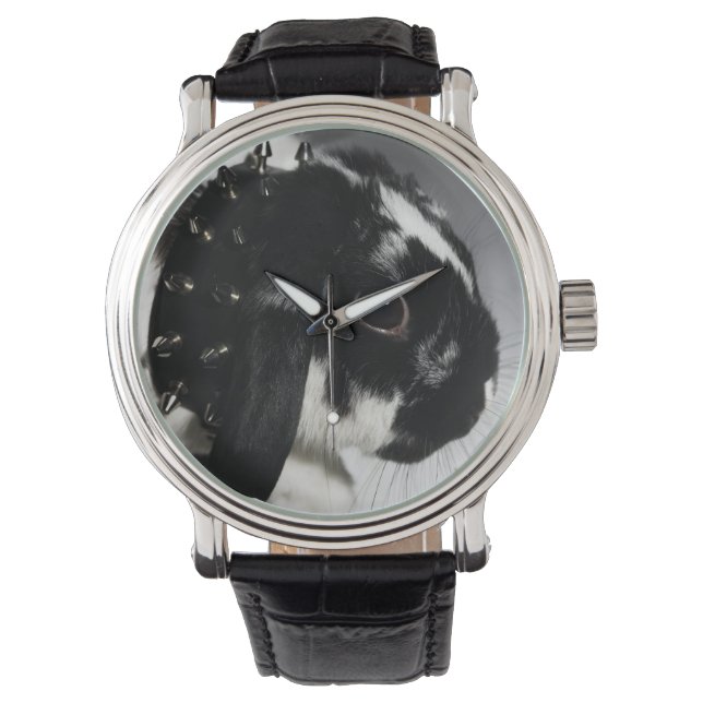 Schwarz-Weiß-Kaninchen mit gestumpftem Halsband Armbanduhr (Vorderseite)