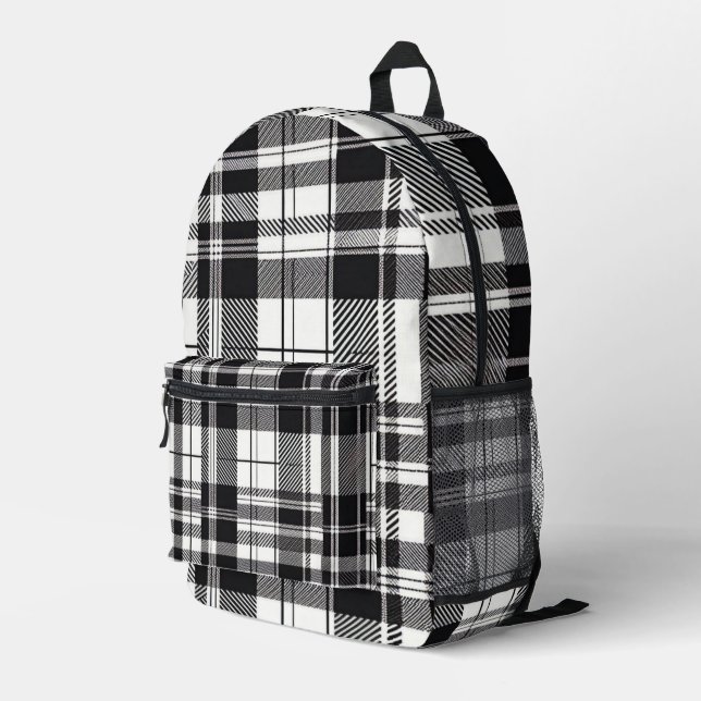 Schwarz-Weiß-Kariert Bedruckter Rucksack (Rückseitige Ecke Rechts)