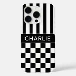 Schwarz-Weiß kariert gestreift personalisiert iPhone 16 Pro Hülle