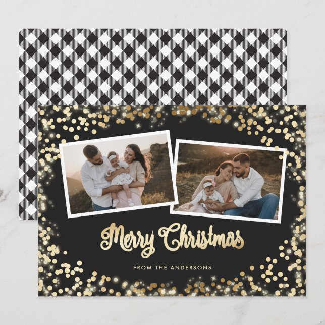 Schwarz-Weiß Kariert Gold Foto Frohe Weihnachten (Vorne/Hinten)