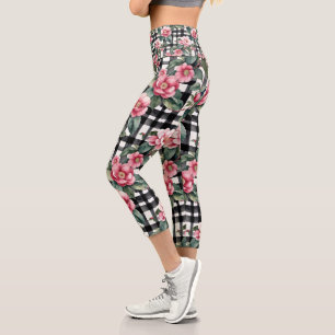 Schwarz-Weiß-Kariert mit grün-rosa Kamelien Capri Leggings