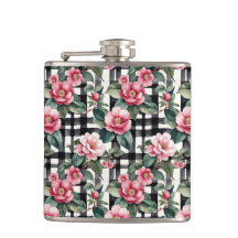 Schwarz-Weiß-Kariert mit grün-rosa Kamelien