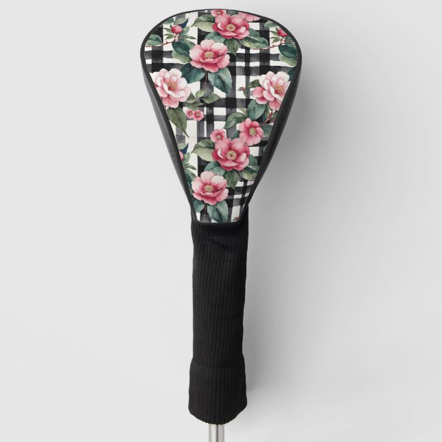 Schwarz-Weiß-Kariert mit grün-rosa Kamelien Golf Headcover (Vorderseite)