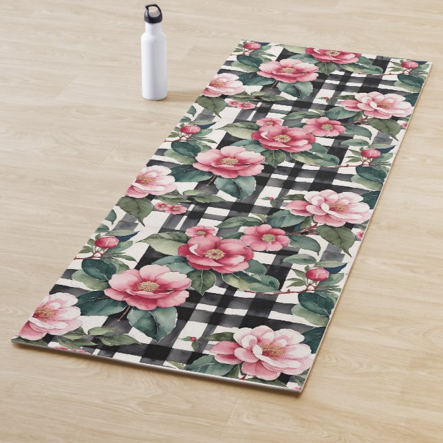 Schwarz-Weiß-Kariert mit grün-rosa Kamelien Yogamatte (Beispiel)