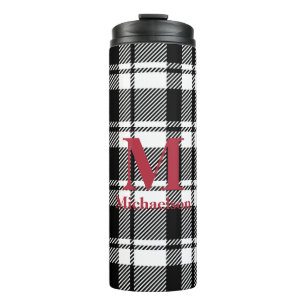 Schwarz-Weiß-Kariert mit Monogrammname Thermosbecher
