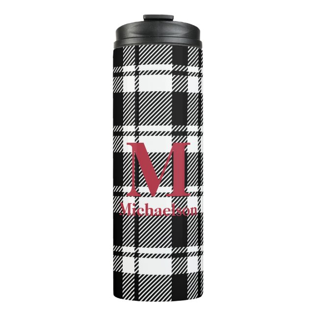 Schwarz-Weiß-Kariert mit Monogrammname Thermosbecher (Vorderseite)
