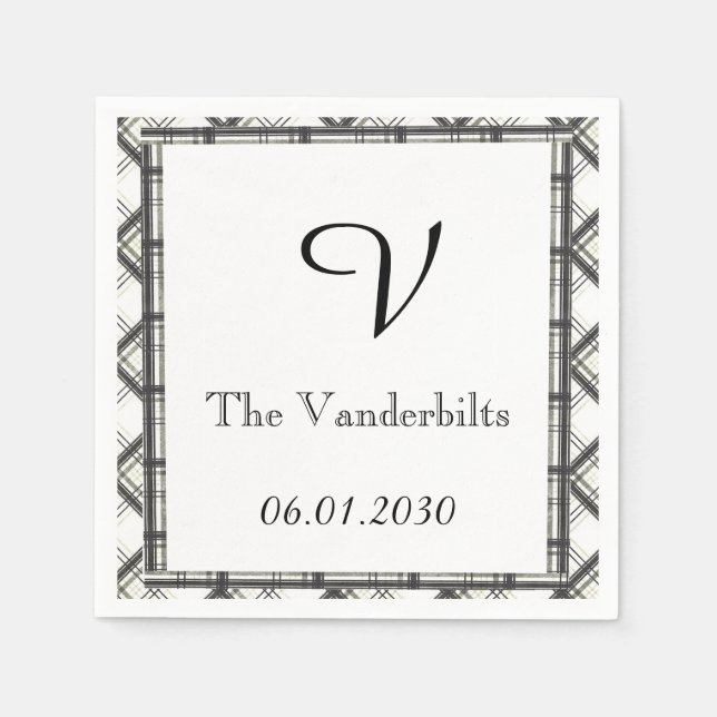 Schwarz-Weiß-Kariert-Monogramm-Hochzeit Serviette (Vorderseite)