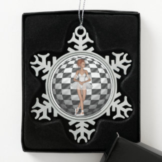Schwarz-Weiß karierte Kugel Ballerina stehend Schneeflocken Zinn-Ornament