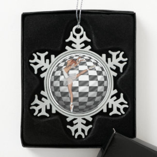 Schwarz-Weiß karierte Kugel Hübsche Ballerina Tanz Schneeflocken Zinn-Ornament