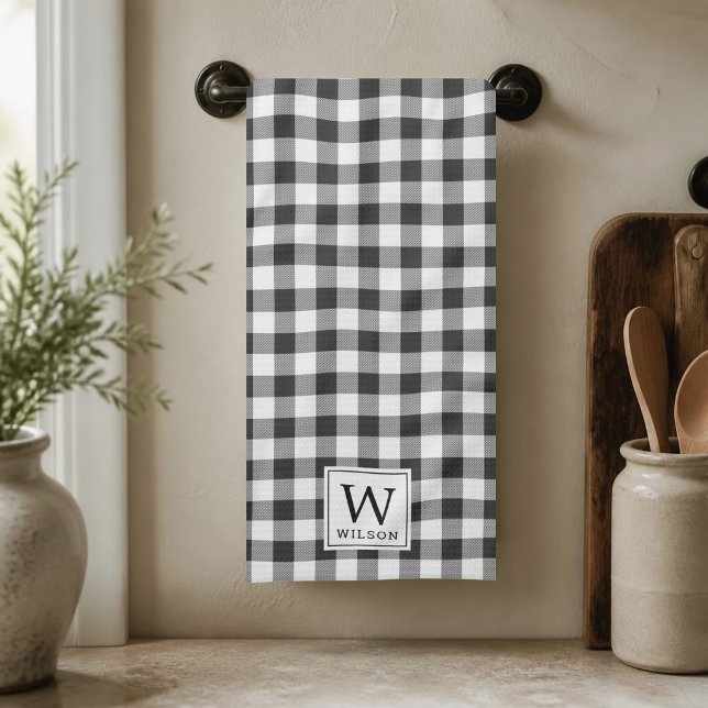 Schwarz-weiß karierter Büffel-Check-Monogramm-Weih Geschirrtuch (Von Creator hochgeladen)