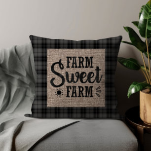 Schwarz-weiß kariertes Farm Sweet Farm Jute Kissen