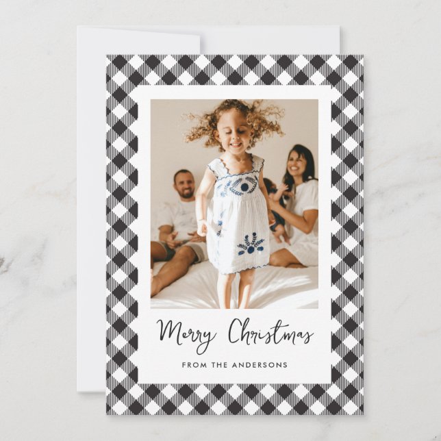 Schwarz-Weiß Kariertes Foto Frohe Weihnachten (Vorderseite)