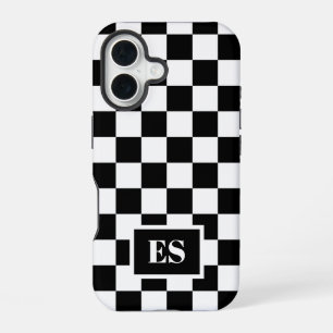 Schwarz-weiß kariertes Monogramm-Muster iPhone 16 Hülle