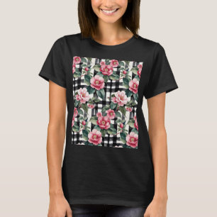 Schwarz-Weiß-Karo mit blattreichen rosa Kamelien T-Shirt