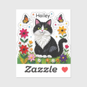 Schwarz-Weiß-Katze, Blumen und Schmetterlinge   Aufkleber