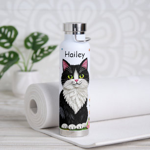 Schwarz-Weiß-Katze, Blumen und Schmetterlinge   Trinkflasche