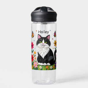 Schwarz-Weiß-Katze, Blumen und Schmetterlinge   Trinkflasche