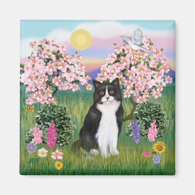 Schwarz-Weiß-Katze - Blüten Magnet (Vorne)