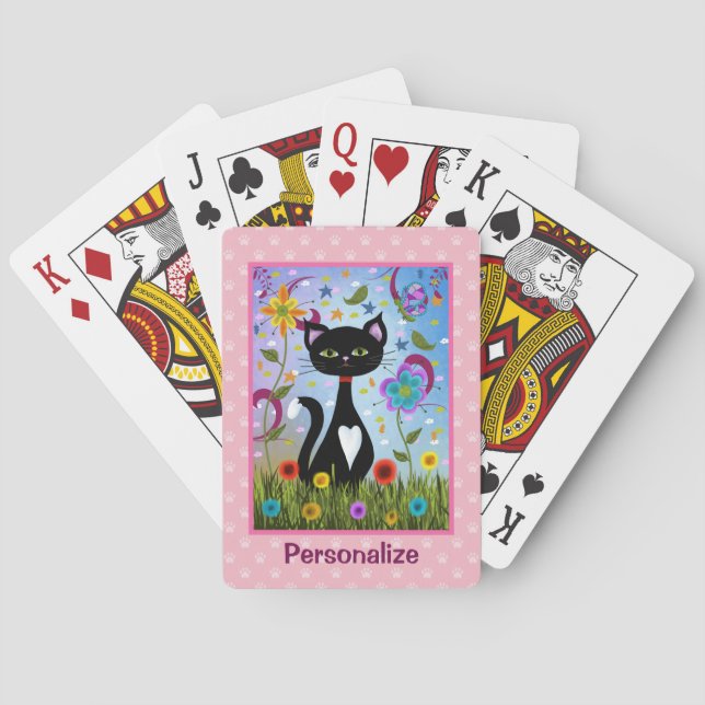 Schwarz-Weiß-Katze im Garten Personalisiert Spielkarten (Rückseite)