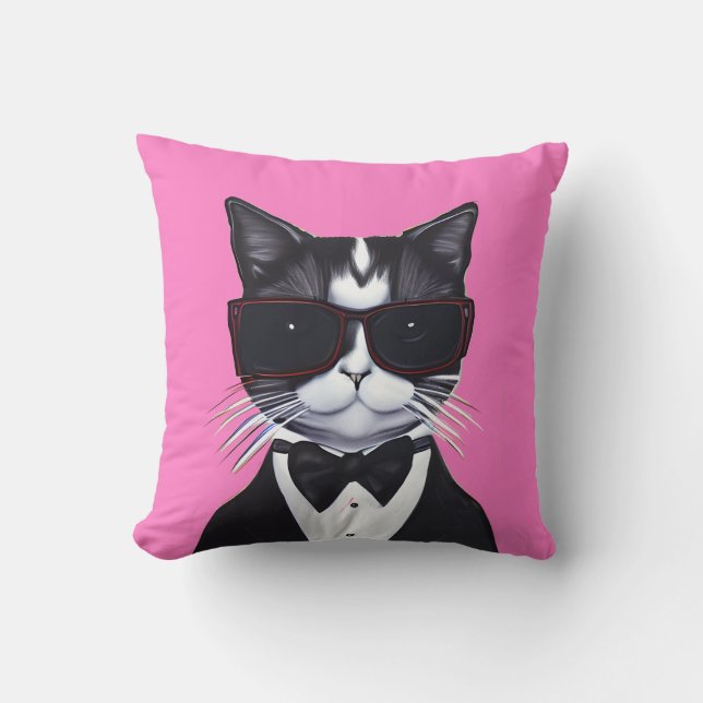 Schwarz-Weiß-Katze in einem Tuxedo und Bow-Krawatt Kissen (Vorderseite)