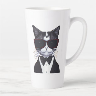 Schwarz-Weiß-Katze in einer Tuxedo- und Bow-Krawat Milchtasse
