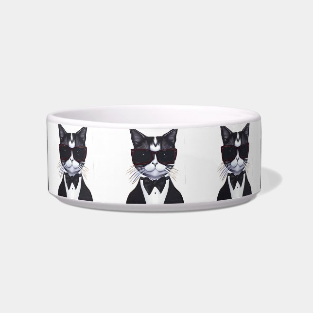 Schwarz-Weiß-Katze in einer Tuxedo- und Bow-Krawat Napf (Vorderseite)