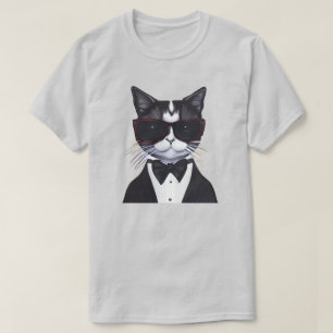 Schwarz-Weiß-Katze in einer Tuxedo- und Bow-Krawat T-Shirt