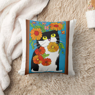 Schwarz-weiß-Katze mit gelben Blumen Kissen