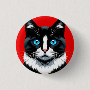 Schwarz-weiß-Katze mit lebendigen blauen Augen Button