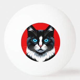 Schwarz-Weiß-Katze mit lebhaften blauen Augen Tischtennisball