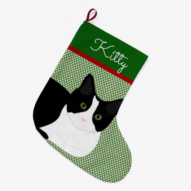 Schwarz-Weiß-Katze Personalisiert Großer Weihnachtsstrumpf (Vorderansicht (hängend))