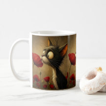 Schwarz-Weiß-Katze rote Blume floraler Becher