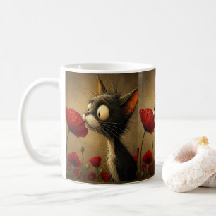 Schwarz-Weiß-Katze rote Blume floraler Becher Kaffeetasse