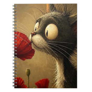 Schwarz-Weiß-Katze Rote Blume Spiralblock  Notizblock