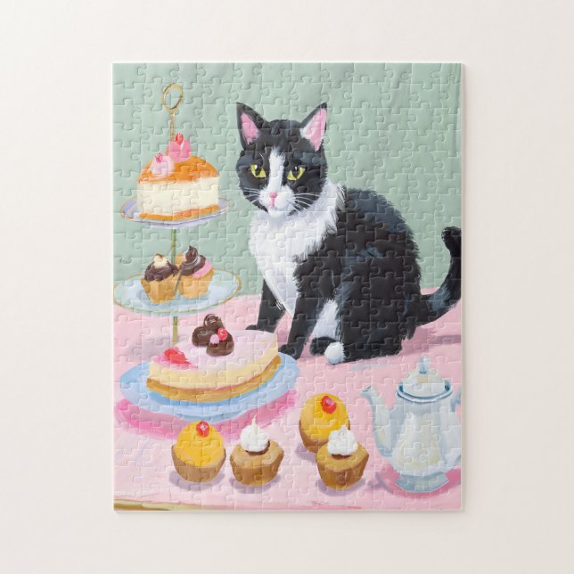 Schwarz-Weiß-Katze, Tee und Gebäck Puzzle (Vertikal)