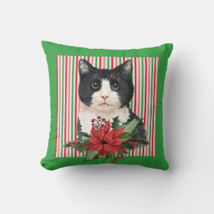 Schwarz-Weiß-Katze und Poinsettia Kissen