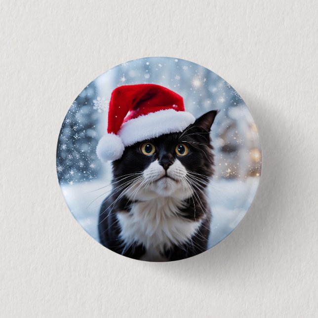 Schwarz-Weiß-Katze Weihnachten Button (Vorderseite)