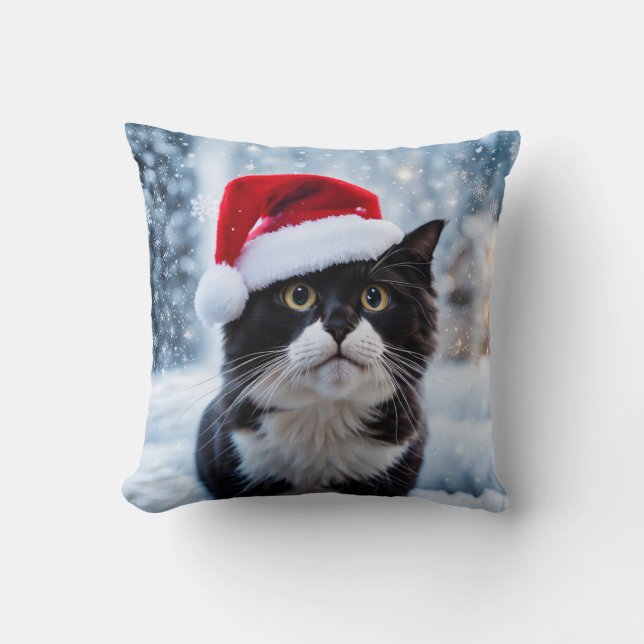 Schwarz-Weiß-Katze Weihnachten Kissen (Vorderseite)