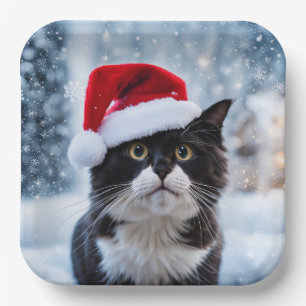 Schwarz-Weiß-Katze Weihnachten Pappteller
