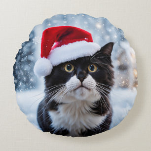 Schwarz-Weiß-Katze Weihnachten Rundes Kissen