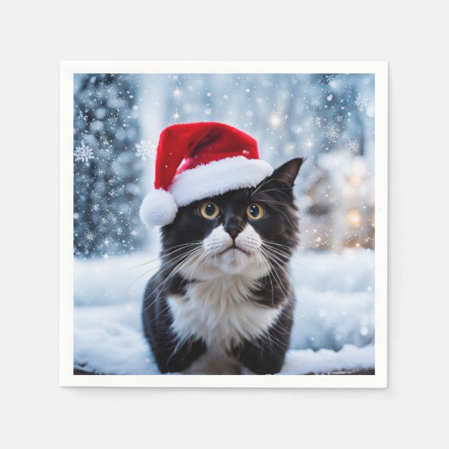 Schwarz-Weiß-Katze Weihnachten Serviette (Vorderseite)