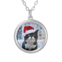 Schwarz-Weiß-Katze Weihnachten Versilberte Kette